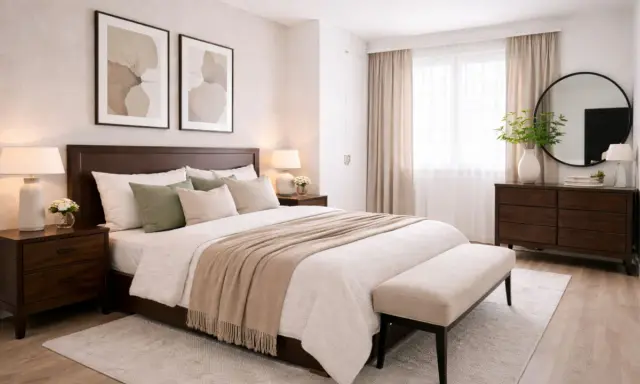 Dormitorio con muebles oscuros. Las paredes, pintadas en un tono crema suave, complementan la calidez de la madera.