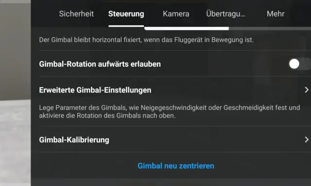 Einstellungen der dji gimbal app: Gimbal-Rotation, erweiterte Einstellungen und Kalibrierung.