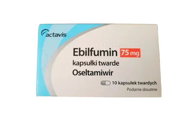 Opakowanie leku Ebilfumin 75 mg, zawierającego oseltamiwir dla dzieci. 10 kapsułek twardych.