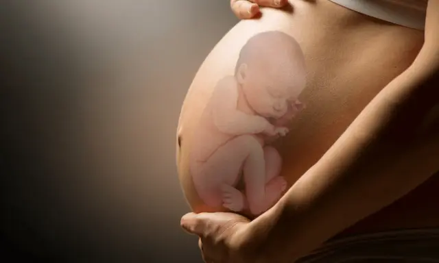 Pancia di donna incinta con immagine sovrapposta di un feto in posizione podalica, con le gambe rivolte verso il basso.