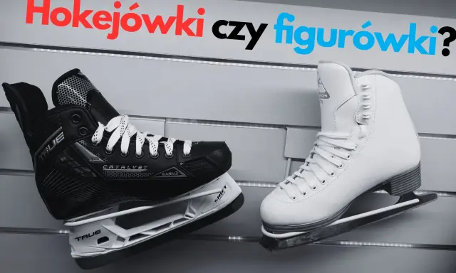 Hokejówki czy figurówki? Czarny but hokejowy i biały but łyżwiarski obok siebie.