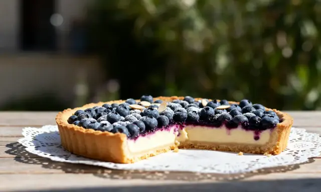 Une délicieuse tarte myrtille amande, garnie de myrtilles fraîches et d'amandes effilées, sur une table en bois ensoleillée.