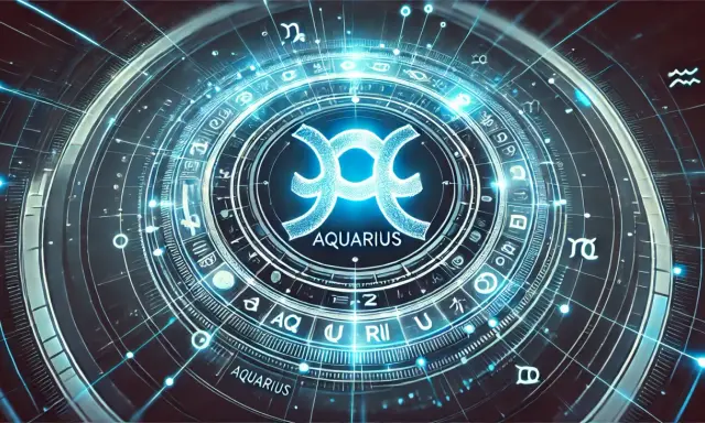 Cyfrowa tarcza z symbolami zodiaku i napisem AQUARIUS. Wodnik w ascendencie, otoczony kosmiczną energią.