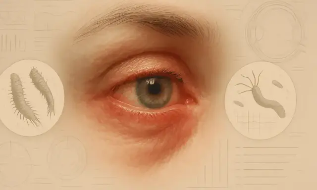 Œil rouge et irrité, avec des illustrations de parasites et de bactéries, suggérant une rosacée oculaire.