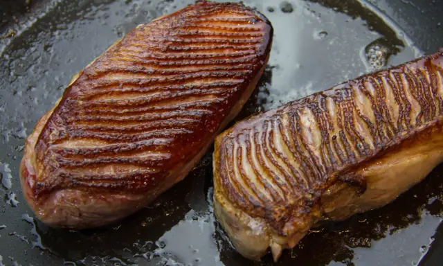 Deux magrets de canard au four, la peau grillée et dorée, baignant dans leur jus de cuisson sur une poêle.