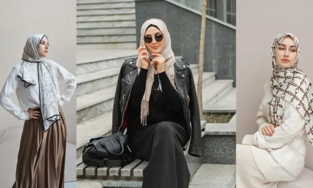 Three women showcase what is modest clothing: stylish hijabs and elegant outfits, blending tradition with modern fashion.