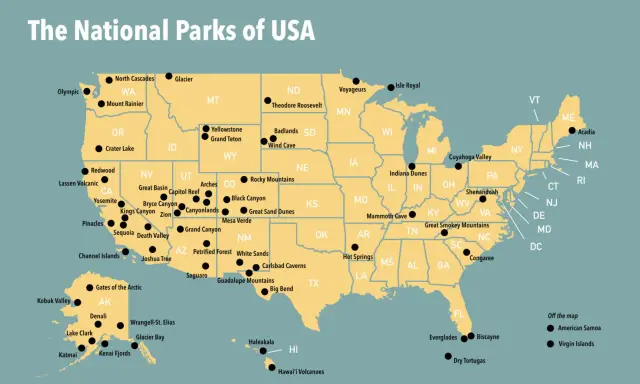 Karte der nationalparks USA mit Orten wie Yellowstone, Grand Canyon und Yosemite.