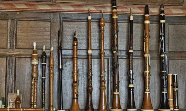 Une collection d'instruments à vent anciens, une véritable famille des vents, alignés sur un mur boisé.