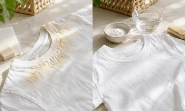 T-shirt avec une tache de crème solaire à gauche, et un t-shirt propre à droite, prêt à être lavé.