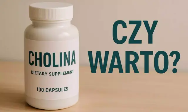 Biała butelka suplementu diety z napisem "CHOLINA" i pytaniem "CZY WARTO?". Dowiedz się, co to jest cholina i czy warto ją suplementować.