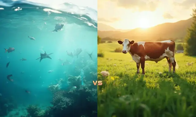 Comparaison entre le collagène bovin et marin : une vache dans un pré ensoleillé face à des poissons et requins dans l'océan.