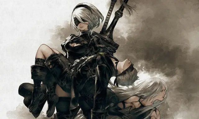 2B trzyma 9S, gdy A2 patrzy w dal. Obrazek idealny do spolszczenia Nier Automata.