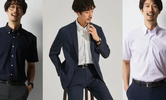 Three men showcase different dress shirt colors: navy, white, and light purple.