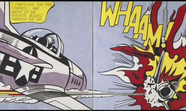 Famous Roy Lichtenstein pop art depicts a fighter jet firing rockets, with a massive explosion and "WHAAAM!" text.