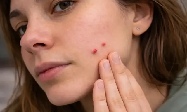 Zbliżenie na twarz kobiety z kilkoma czerwonymi pryszczami na policzku, dotykana palcami.