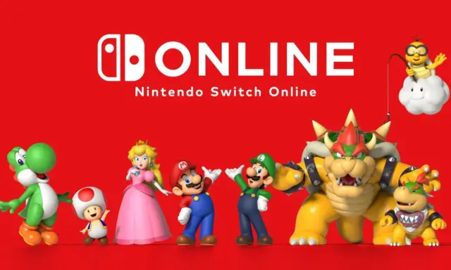 Postacie z Mario świętują z napisem Nintendo Switch Online. Yoshi, Toad, Peach, Mario, Luigi, Bowser i Bowser Jr. zapraszają do gry online.
