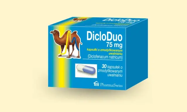 Opakowanie leku DicloDuo 75 mg z wielbłądem. Czy dicloduo jest szkodliwy? Zawsze konsultuj się z lekarzem.