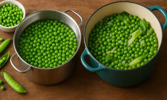 Deux casseroles de pois gourmand en cuisson. L'une contient des pois dans l'eau bouillante, l'autre des pois cuits avec des feuilles vertes.