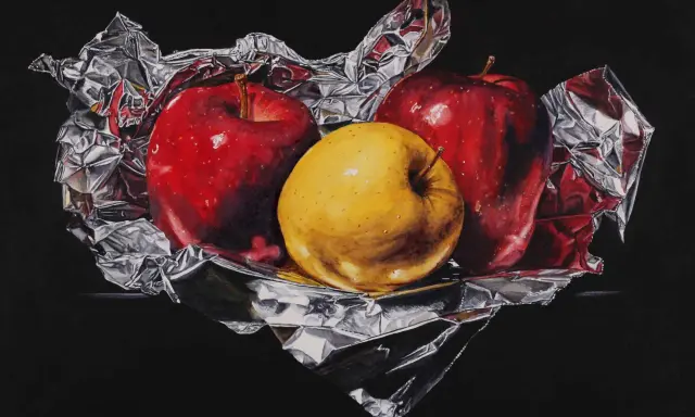 A still life painting by skilled artists depicts two red apples and one yellow apple nestled in crumpled silver foil against a black background.