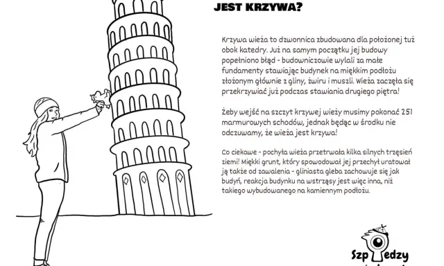 Dziewczynka z kotkiem przy krzywej wieży w Pizie. Dlaczego wieża w Pizie jest krzywa? Bo budowniczowie popełnili błąd.