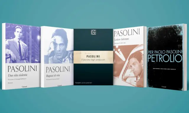 Copertine di opere di Pier Paolo Pasolini: "Una vita violenta", "Ragazzi di vita", "Il fascismo degli antifascisti", "Lettere luterane" e "Petrolio".