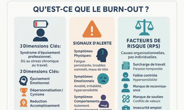 Infographie sur le burn-out, maladie professionnelle reconnue par l'Ameli. Elle détaille les dimensions clés, les signaux d'alerte et les facteurs de risque.