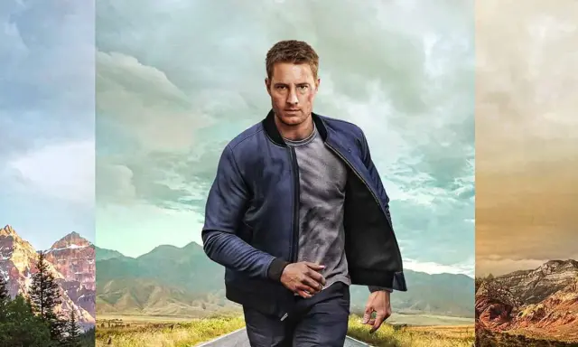 Man i mörkblå jacka går på en väg. Bakgrunden är en montage av berg och himmel, som antyder en resa i tracker-serien.