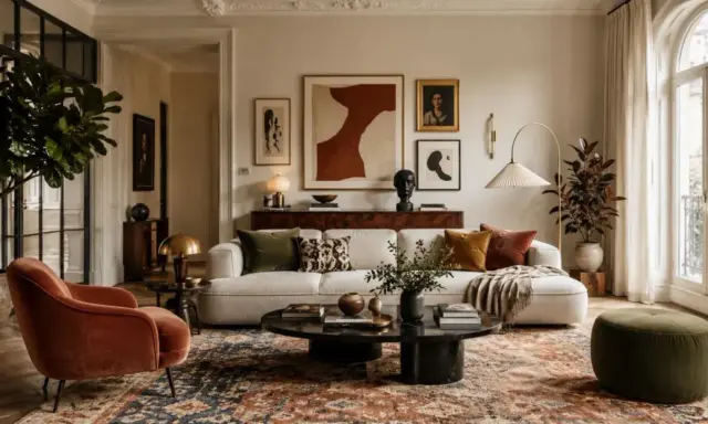 Przytulny salon w stylu naturalnym. Miękka sofa, aksamitny fotel i bogaty dywan tworzą ciepłą atmosferę.