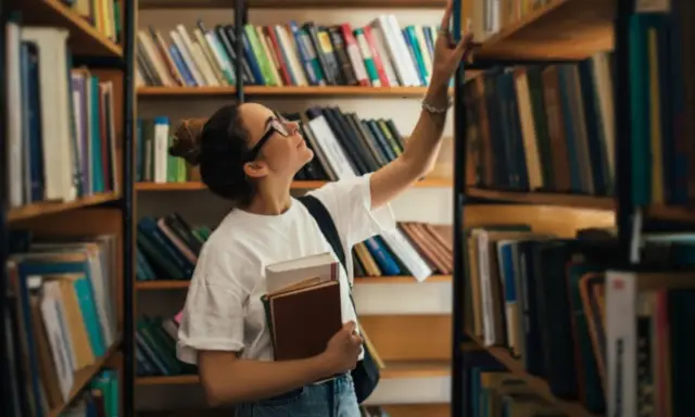 Młoda kobieta w okularach wybiera książkę z półki w bibliotece, trzymając inne w ręku.