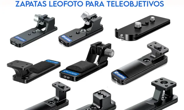 Varias zapatas Leofoto para cámara, diseñadas para teleobjetivos, con diferentes formas y tamaños.