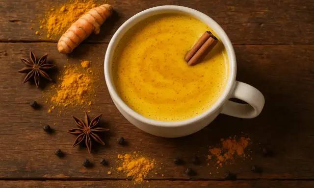 Une tasse de lait au curcuma, avec une bâton de cannelle, sur fond de bois. Autour, des épices : curcuma, anis étoilé, poivre noir.