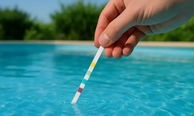 Teststicka i grumligt vatten i en pool. Färger på stickan visar vattenkvaliteten.