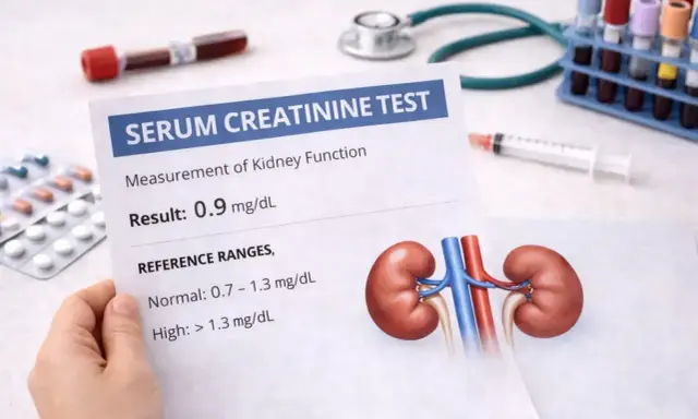 Wynik badania poziomu kreatyniny 0.9 mg/dL, wskazujący na prawidłową funkcję nerek. Obok wyniki badań, stetoskop, strzykawka i leki.