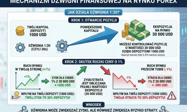 Dźwignia 1:30 na Forex powiększa kapitał z 1000 USD do 30 000 USD. Ruch ceny o 1% daje 30% zysku lub straty na depozycie.