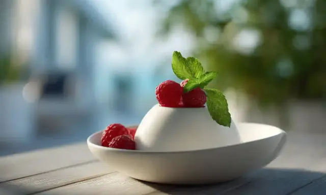 Délicieux panna cotta framboise, garni de fruits rouges frais et d'une touche de menthe, prêt à être dégusté.