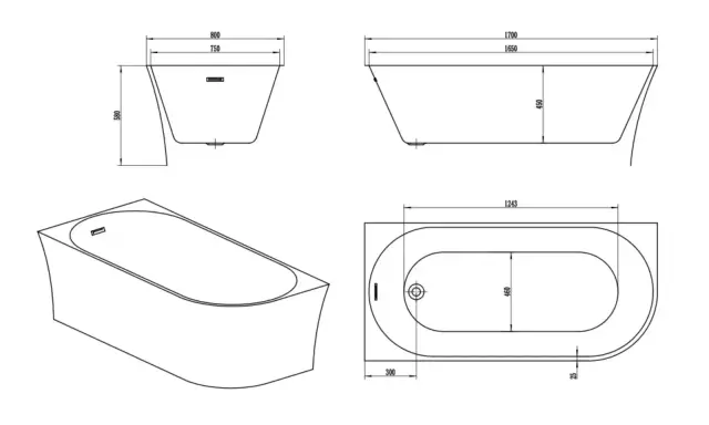 Disegni tecnici di una vasca da bagno con indicazioni sulle dimensioni: lunghezza 1700 mm, larghezza 800 mm, altezza 580 mm.