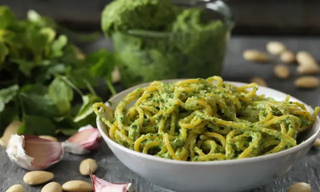 Miseczka spaghetti z aromatycznym pesto z pietruszki, czosnkiem i migdałami.