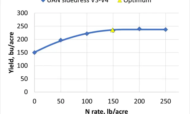 Graph shows corn yield in bushels per acre increasing with N rate, reaching an optimum around 240 bu/acre.