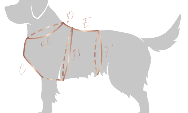 Ilustracja pokazuje schematyczne ujęcie psa z zaznaczonymi liniami i literami (A, B, C, D, E, F), które pomagają określić, jak zmierzyć szelki dla psa.