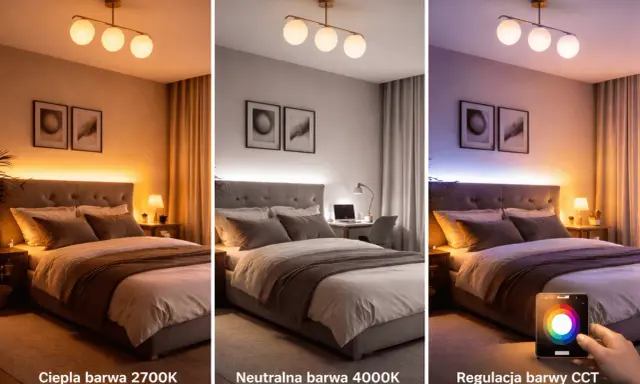 Sypialnia z różnymi barwami światła: ciepła 2700K, neutralna 4000K i regulacja CCT. Lumeny i barwa światła dostosowane do nastroju.