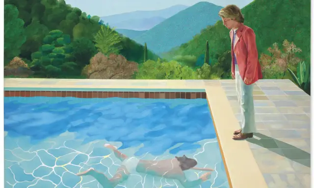 A man in a pink jacket looks down at another man swimming in a pool, a scene reminiscent of Barney Ebsworth's iconic style.