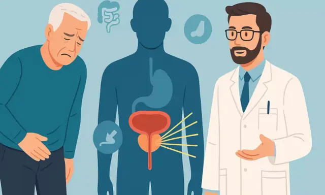 Lekarz rozmawia z pacjentem o częstomoczu po radioterapii prostaty. Widoczny problem z pęcherzem i prostatą.
