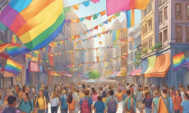 A vibrant street scene filled with people and rainbow flags, celebrating pride. This could be one of the gayest cities in Europe during a festival.
