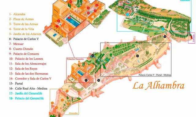 Detailplan der Alhambra in Granada. Zeigt die Alcazaba, die Nasridenpaläste und den Generalife-Garten mit nummerierten Sehenswürdigkeiten.