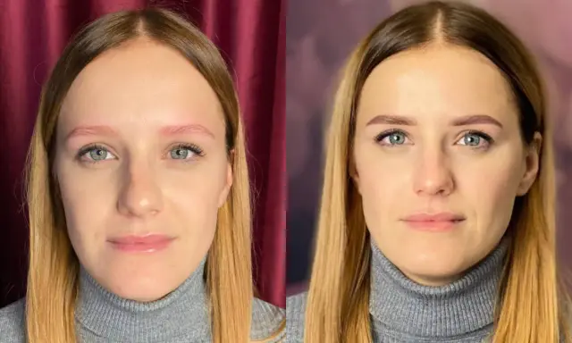 Porównanie brwi przed i po hennie pudrowej.
