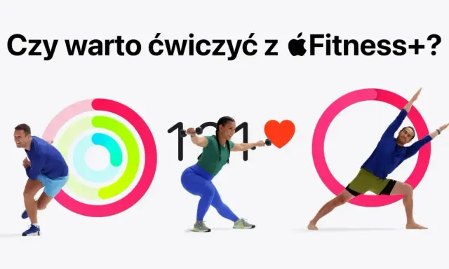 Trzy osoby ćwiczą, a obok nich widnieją kolorowe pierścienie aktywności i serce. Czy warto ćwiczyć z Apple Fitness+?