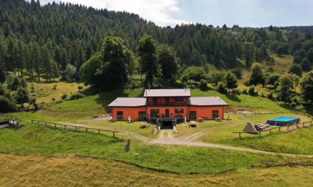 Un weekend in Lombardia tra natura e relax: casa arancione con piscina immersa nel verde, ideale per scoprire cosa fare nel weekend in Lombardia.