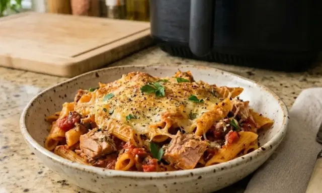 Un plato de macarrones con atún gratinados, con trozos de pescado y salsa de tomate, decorado con perejil fresco.