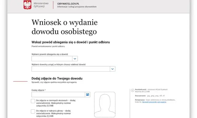 Formularz wniosku o wydanie dowodu osobistego. Możesz tu sprawdzić, jak sprawdzić czy dowód osobisty jest do odbioru, wybierając powód i urząd.