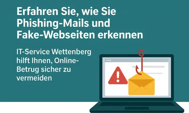 Schutz vor Social Engineers: Ein Laptop zeigt eine Phishing-Mail, die von einem Haken gefischt wird. IT-Service Wettenberg hilft, Online-Betrug zu vermeiden.
